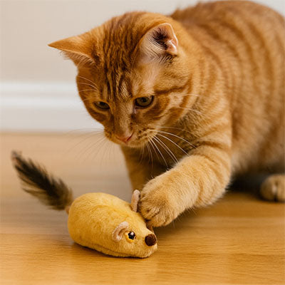 chat beige joue avec jouet chat souris avec queue plume